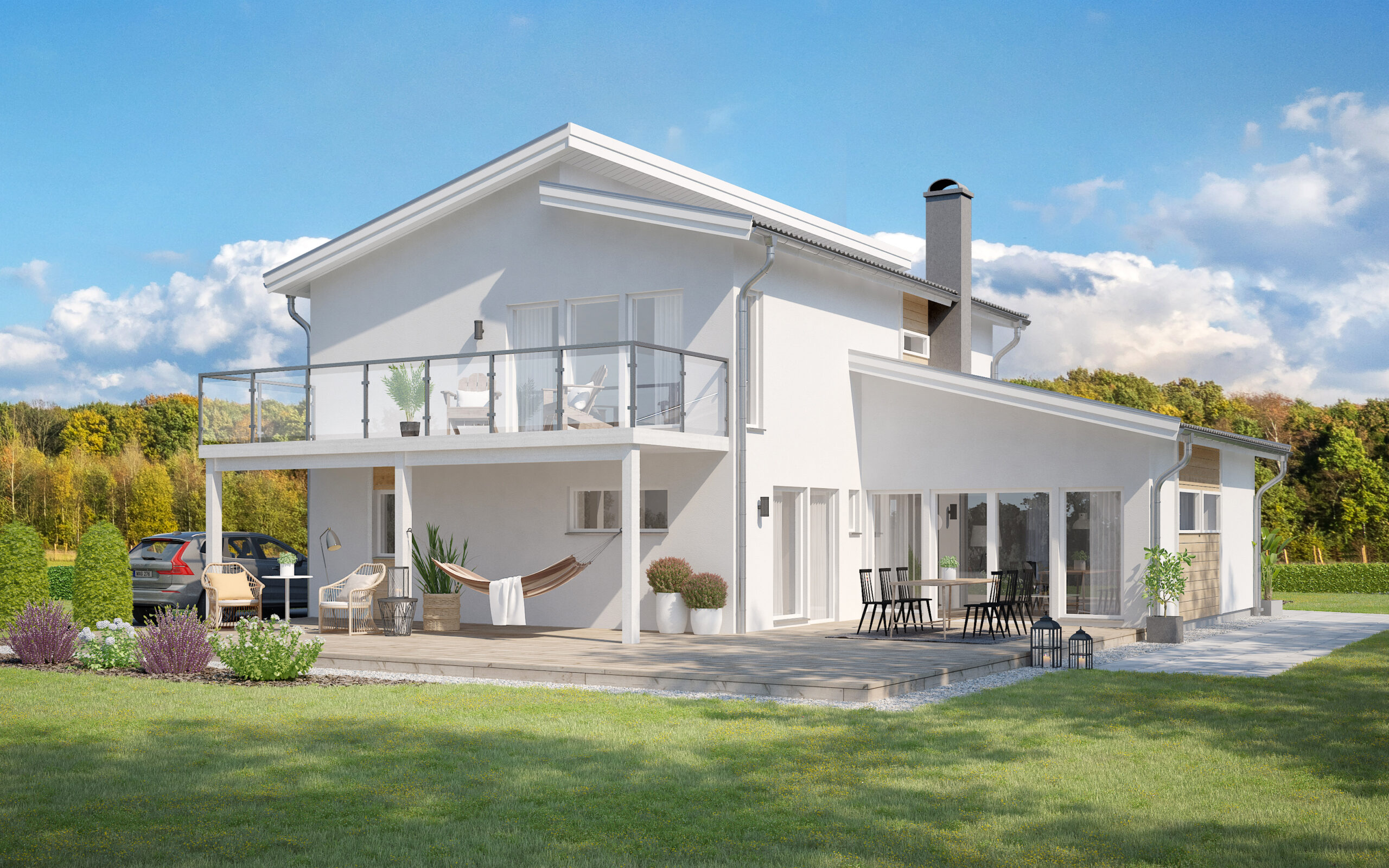 Villa Ljunghusen tvåplanshus i funkisstil med balkong, puts och panel
