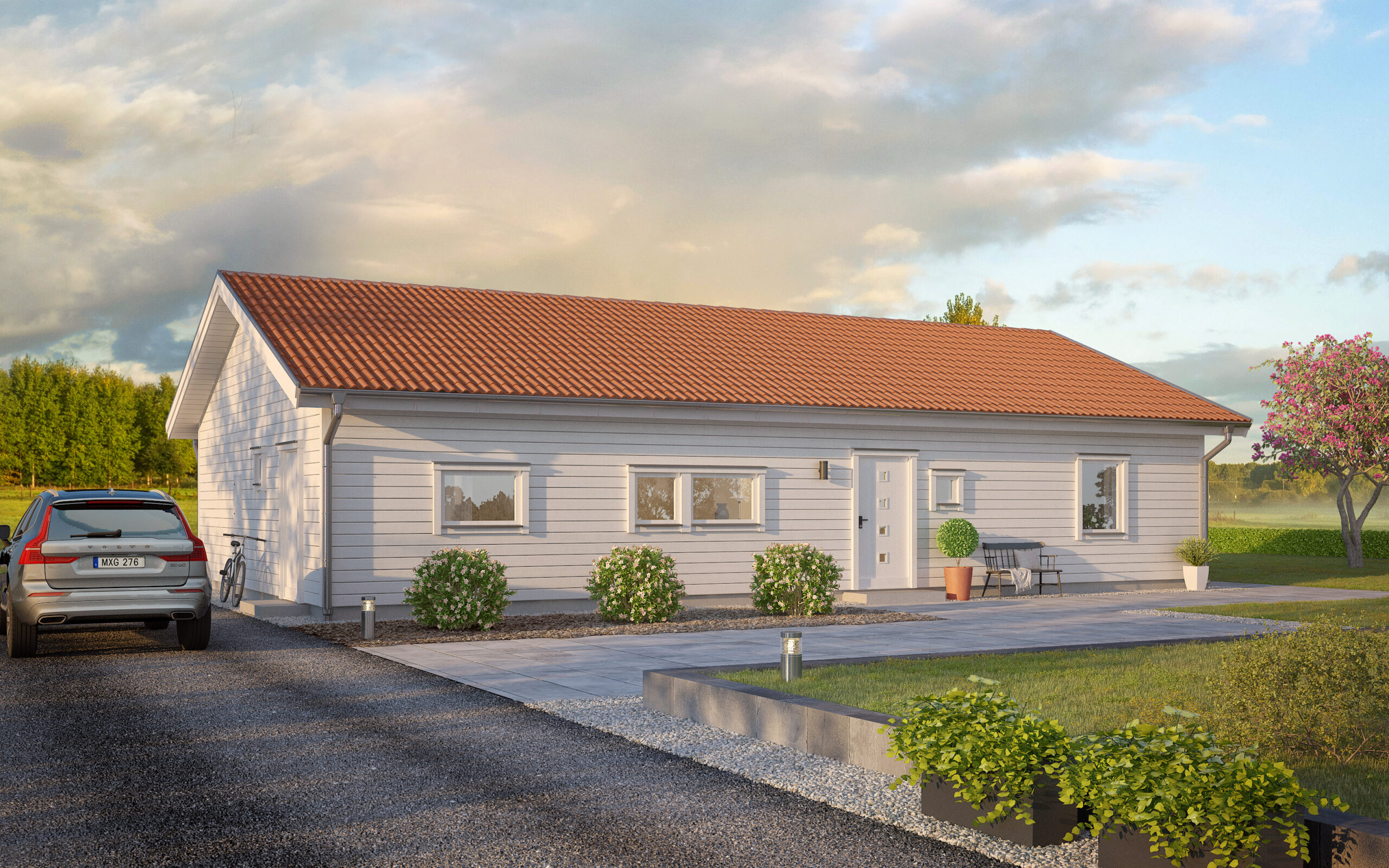 Villa Lyckås framsida enplanshus med sadeltak träfasad