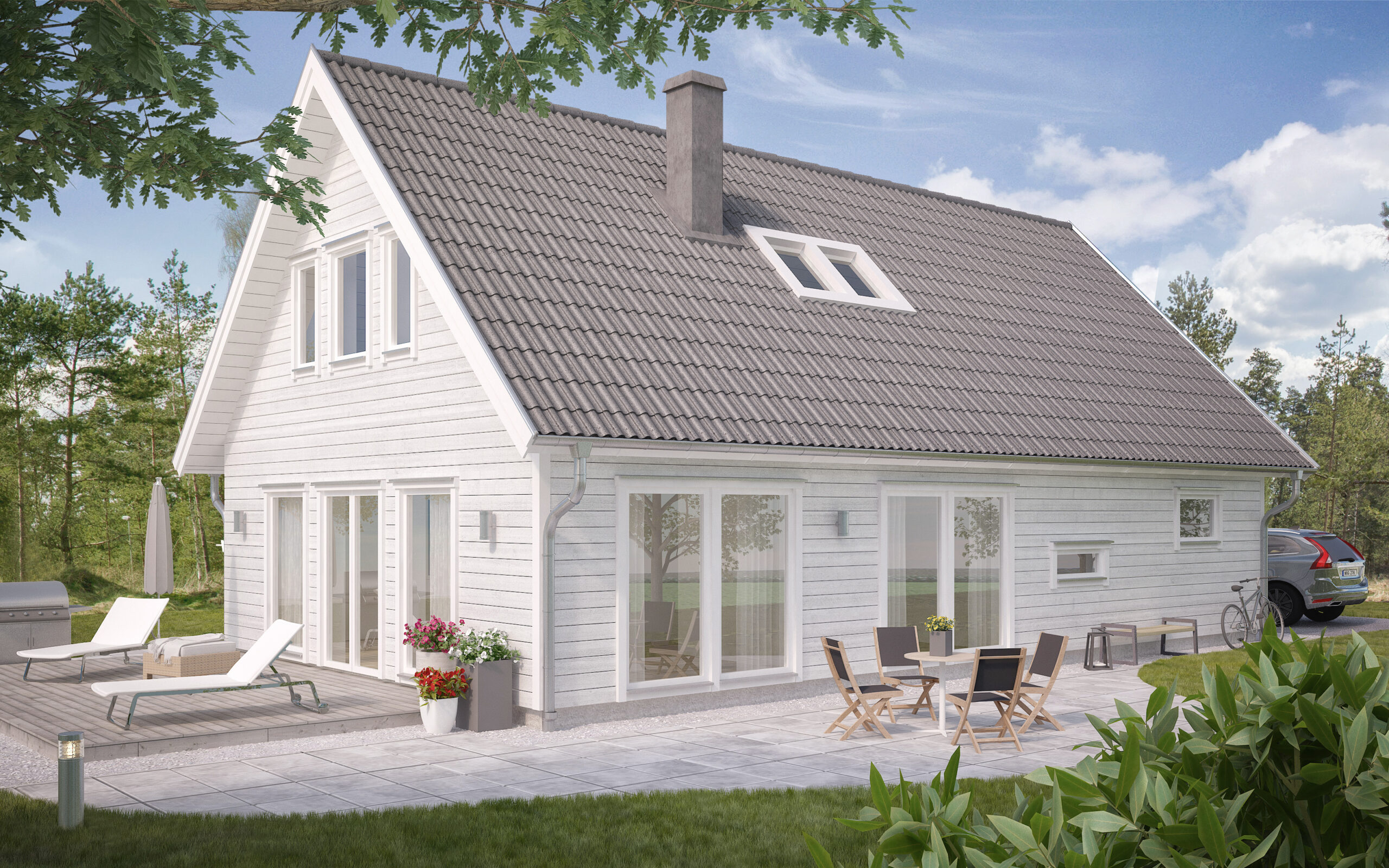 villa Nyatorp ett gavelställt 1.5-planshus med vit panel och takfönster