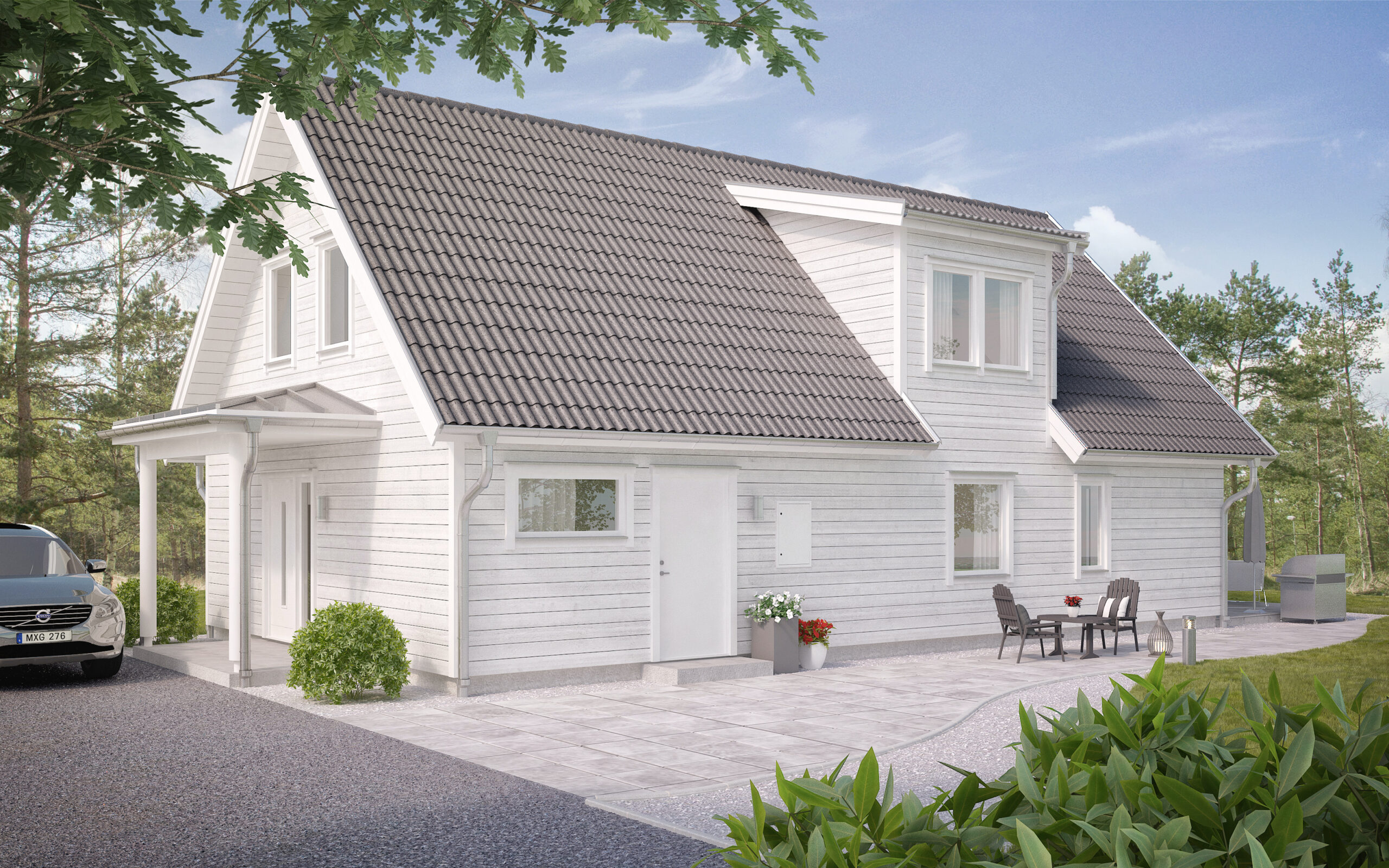 villa Nyatorp ett gavelställt 1.5-planshus med vit panel och takkupa