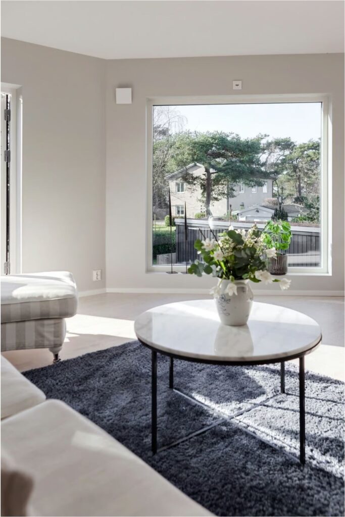 Stort fönster som visar ett grannhus på avstånd